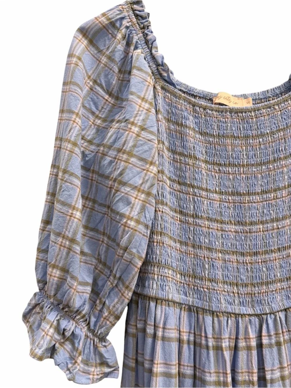 Ivy City Co Madeline Dress Light Blue Plaid Smocked Midi S